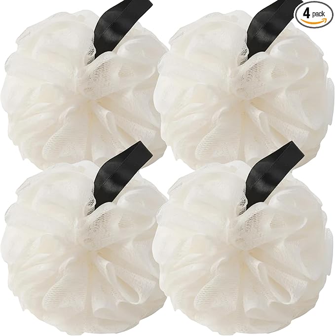 Loofah Sponges for Shower,Exfoliating Cleaning Bath Loofa Body Scrubber Balls for Women Men Washing,All White 4 Pack