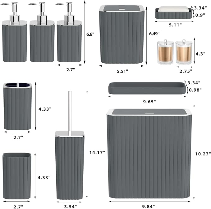InnJoey Bathroom Accessory Set - Bathroom Set, 12PC Bathroom Accessories Set, Grey Bathroom Accessories Set, Mini Trash Can, Toilet Brush, Trash Can & Soap Dispenser