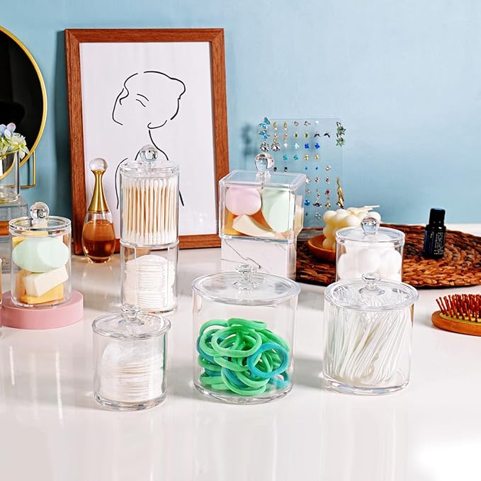 SheeChung 3 Pack Apothecary Jars with Lids,Qtip Holder Bathroom Set,Acrylic Storage Containers,Cotton Ball and Q tip Holder Set,Clear Bathroom Containers with Labels,Bathroom Organizers and Storage
