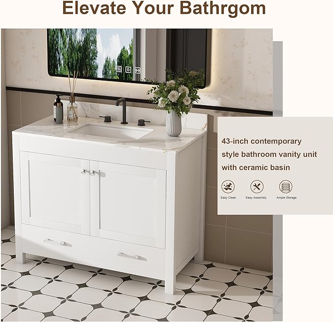 Montary 42" Bathroom Vanity with 43" Sintered Stone Carrara Gold Top, Modern Stylish MDF Bathroom Storage Cabinet, Vanity Set with 2 Doors and One Large Divided Drawer, White (Three Holes)