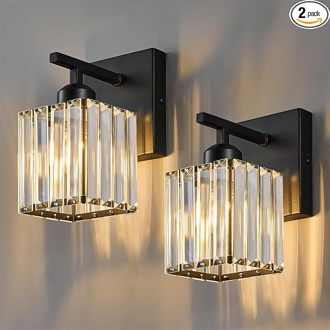 Modern Wall Sconce Set of Two Indoor Wall Lamp Black Wall Sconces Crystal Wall Light Bathroom Vanity Light Fixtures Wall Mounted Room Sconce Wall Lighting