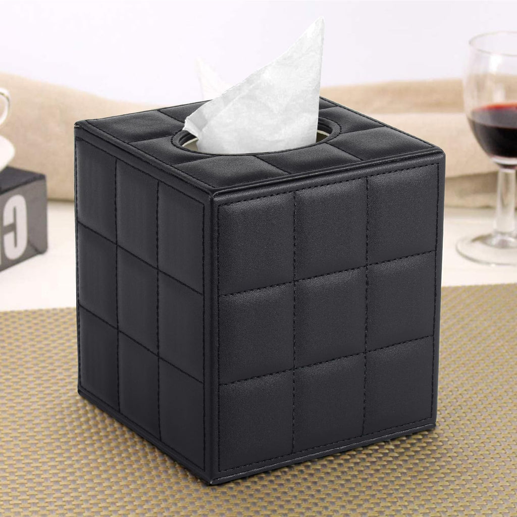 XNONE Tissue Box Cover Square Tissue Box Holder PU Leather Facial Organizer with Magnetic Bottom,Decorative Napkin Caddy for Vanity Dresser Night Stand Table Countertop Home Office Car,Black