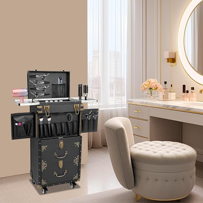QUEWATSA Rolling Lockable Makeup Train Case, Drawer Luggage Suitcase with Makeup Hairdressing Tools Storage, Makeup Beauty Salon Luggage Hairdressing Trolley Travel Organizer Tool Box, Retro Black
