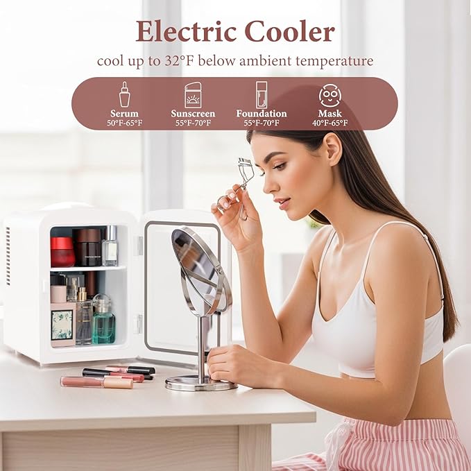 Xbeauty Mini Fridge, 4L Portable Small Refrigerator for Skincare, Cosmetics, Food & Drinks, Compact Refrigerator for Bedroom, Dorm, Car, Office, White