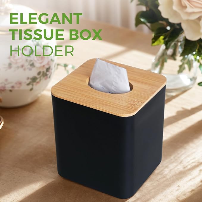 2 Pack Tissue Box Cover Square, Black Facial Tissue Holder with Bamboo Lid