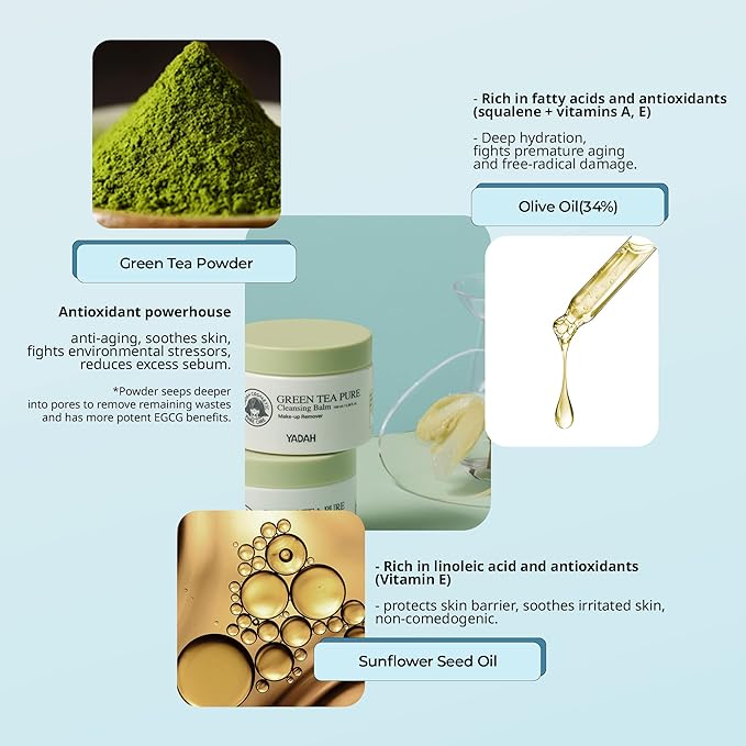 YADAH Green Tea Cleansing Balm (3.38 fl oz) - Makeup & Sunscreen Remover, Sorbet-to-Oil-to-Milk Cleanser with Less Rubbing, Thorough Rinse, Soft Finish, Olive, Sunflower, Jojoba Oils & Green Tea