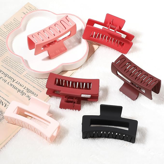 Sisiaipu 3.5 Inch Medium Hair Claw Clips 6 Pack Hair Clips for Women Square Rectangle Claw for Hair Banana Jaw Clips Hair Accessories for Girls -Red