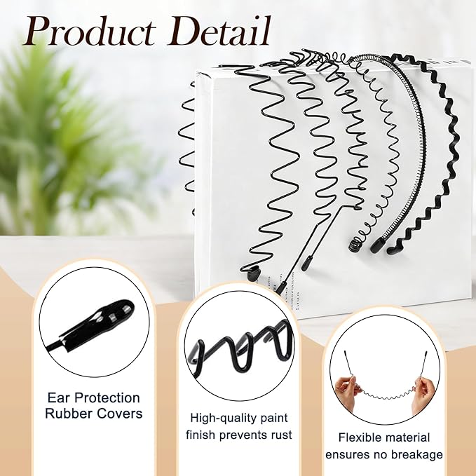 Metal Headband for Men, Wire Headbands for Women, Adjustable Unisex Hair Band with Wavy Design, Black Elastic Sports Headband for Daily Use, Outdoor Sport & Gifts (2PCS)