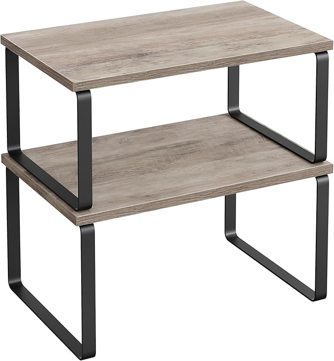 SONGMICS Cabinet Organizer Shelf, Set of 2 Kitchen Counter Shelves, Kitchen Storage, Spice Rack, Stackable, Expandable, Metal and Engineered Wood, 11.7 Inches, Ink Black and Heather Greige UKCS020X02
