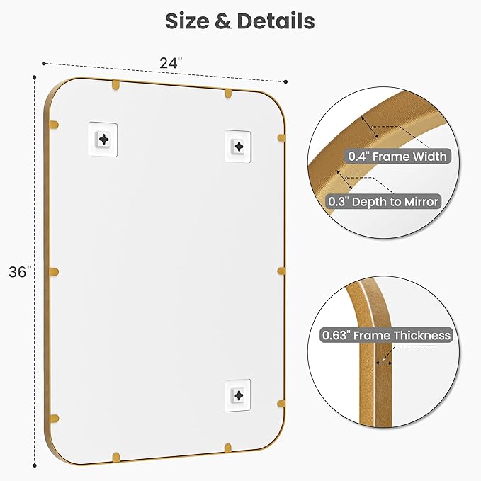 Pocetry 2-Pack 24x36 Inch Antique Gold Rounded Rectangle Vanity Mirrors