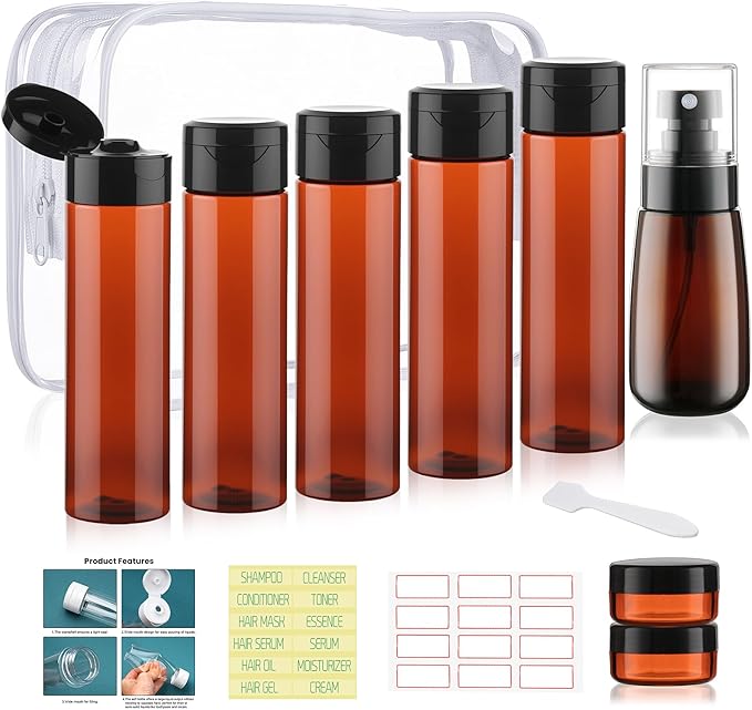 Wowang 9 PCS 3.4oz Travel Bottles for Toiletries TSA Approved Travel Size Containers Leak Proof Plastic Squeeze Bottle Small Cream Jars & Refillable Spray Bottle for Shampoo Conditioner Toner(Brown)