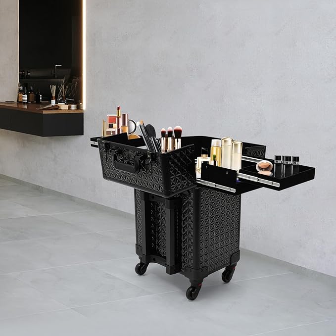 GUEYYSAN Rolling Makeup Case, Nail Storage Box with Wheels Portable Makeup Trolley for Beauty Studio Hairdressers Nail Technician (Black)