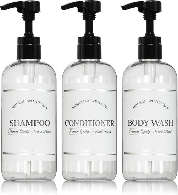 Artanis Home Clear Refillable Shampoo and Conditioner Bottles - Body Wash, Shampoo and Conditioner Dispenser - PET Plastic Shampoo Bottles Refillable with Pump - Waterproof Labels - 16 oz, 3 Pack