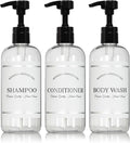 Artanis Home Clear Refillable Shampoo and Conditioner Bottles - Body Wash, Shampoo and Conditioner Dispenser - PET Plastic Shampoo Bottles Refillable with Pump - Waterproof Labels - 16 oz, 3 Pack