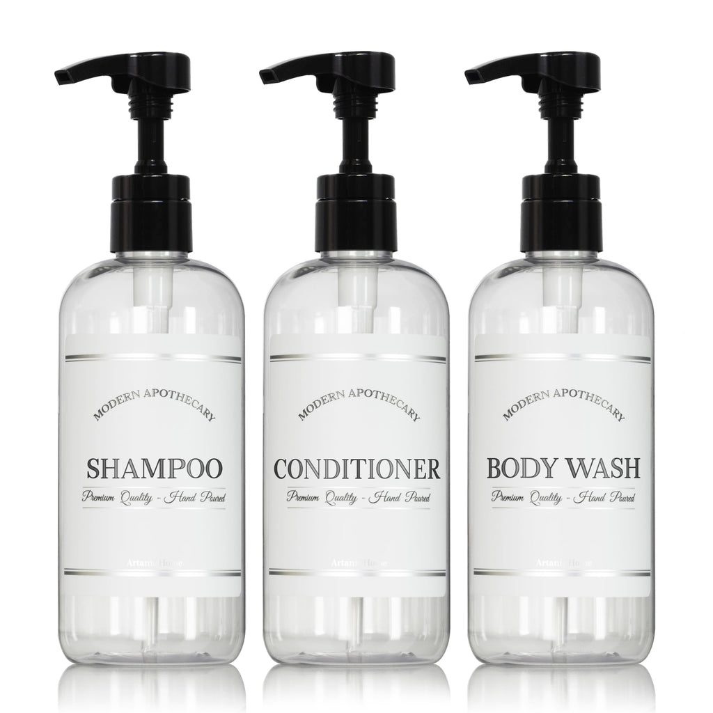 Clear Refillable Shampoo and Conditioner Bottles - Body Wash, Shampoo and Conditioner Dispenser - PET Plastic Shampoo Bottles Refillable with Pump - Waterproof Labels - 16 oz, 3 Pack (White Plastic)