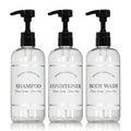 Clear Refillable Shampoo and Conditioner Bottles - Body Wash, Shampoo and Conditioner Dispenser - PET Plastic Shampoo Bottles Refillable with Pump - Waterproof Labels - 16 oz, 3 Pack (White Plastic)