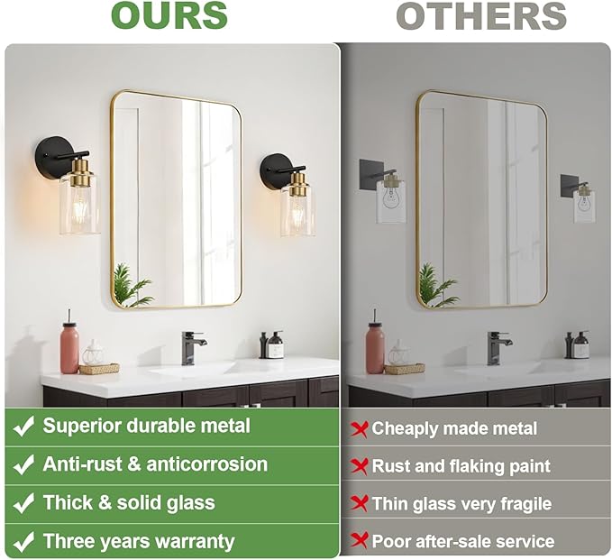 Zarbitta Set of 2 Wall Sconces for Bathroom, Black and Gold Modern Vanity Lights with Clear Glass Shade,Bathroom Wall Lamp for Mirror Kitchen Living Room Hallway Cabinet Porch