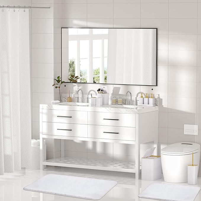 InnJoey Bathroom Accessory Set - Bathroom Set, 27PC Bathroom Accessories Set, White Bathroom Sets with Shower Curtain and Rugs, Mini Trash Can, Toilet Brush, Trash Can & Soap Dispenser