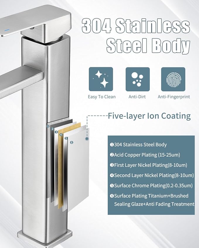 Bathroom Faucets, Brushed Bathroom Sink Faucet Set with Pop Up Drain, Single Hole Single Handle High Barrel Sink Vanity Faucet, Stainless Steel Lead-Free