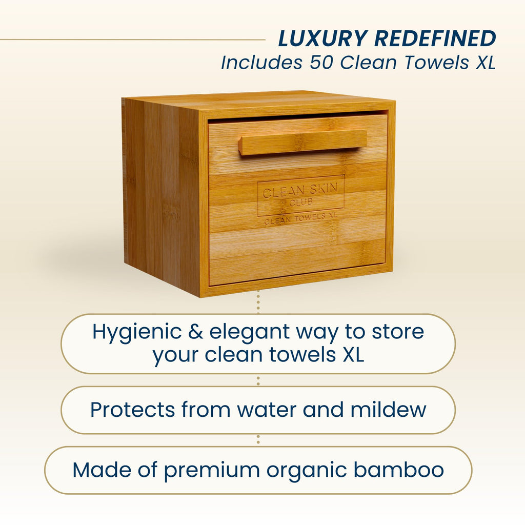 Clean Skin Club Luxe Bamboo container with pullout drawer includes Clean Towels® Original XL 50 Count, Disposable Face Towel Holder for Bathroom Counter