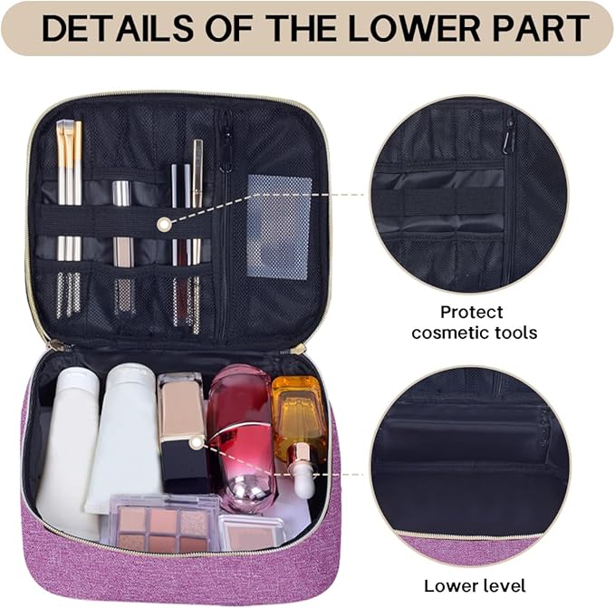TANPADUAJI Double Layer Makeup Bag Portable Large Cosmetic Case Organizer with Adjustable Dividers Storage Travel Bag for Accessories Brushes Conditioner and Skin Care Products (Purple)