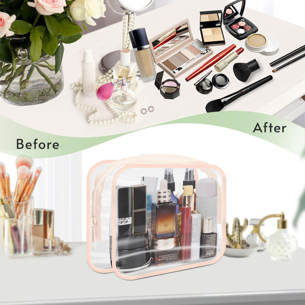 GONITYOU 16 Pieces Clear Makeup Bags Bulk, TSA Approved Toiletry Bags Travel Pouch, Waterproof PVC Plastic Small Clear Cosmetic Bags with Zipper for Organizing (Light Pink Border)
