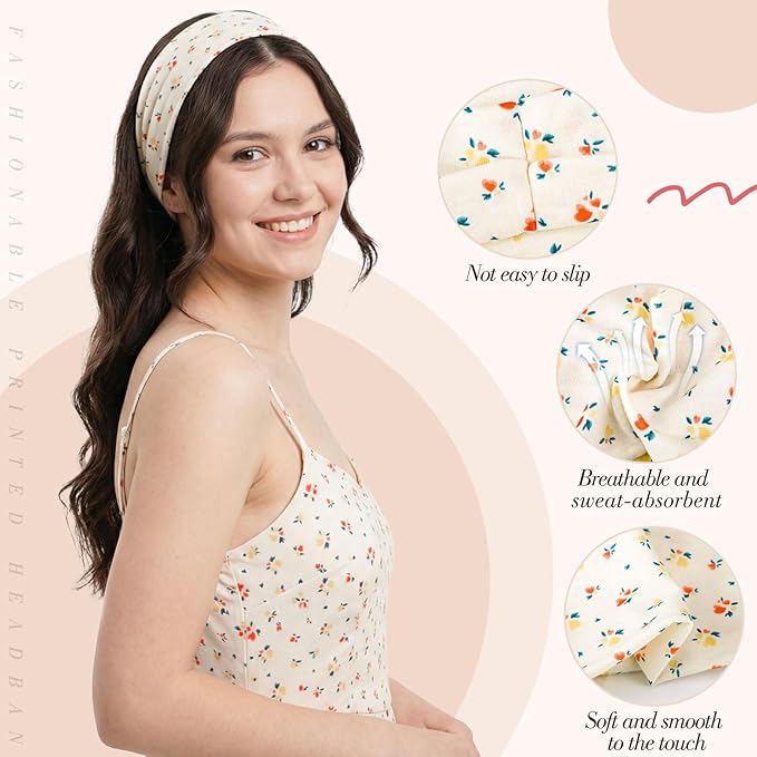 obeoby 8 Pack Pink Cute Headbands for Girls Daughter, Floral Stripe Headbands for Summer Outfit Non Slip Wide Headband Beach Gifts