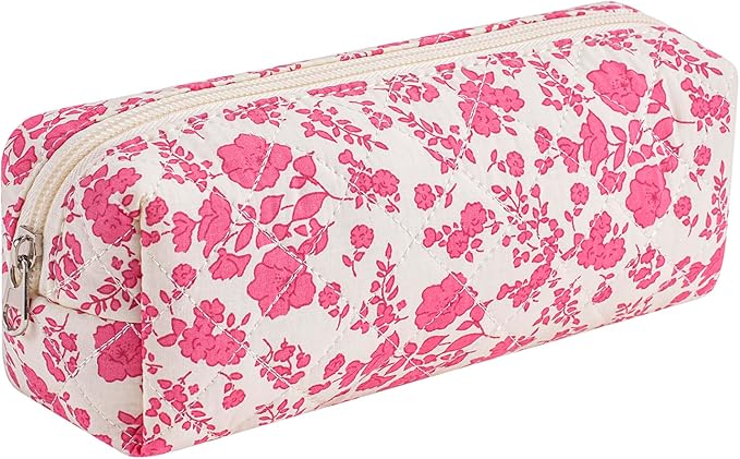 HHQQWZ Cute Floral Cotton Makeup Brush Cosmetic Bag for Women, Travel Quilted Zipper Make Up Bag, Flowers Toiletry Organizer Case Kawaii Makeup Cosmetic Travel Cloth Pouch (Big Red Floral)