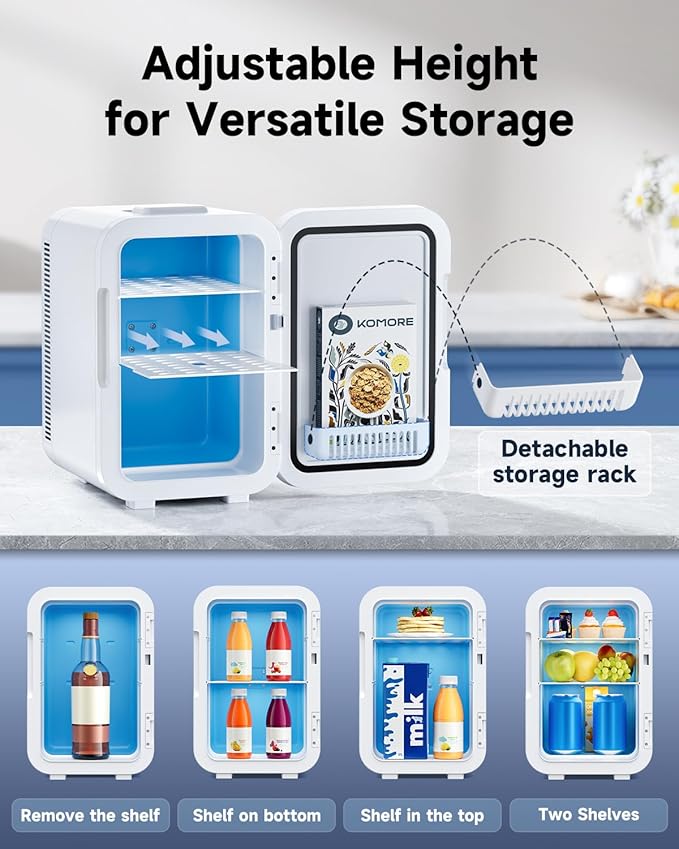 KOMORE Small Mini Fridge, 18L Portable Tiny Fridge for Skincare, 120V/12V Makeup Refrigerator Mini, Thermoelectric Cooler & Warmer for Drinks, Food, Cosmetics for Office/Dorm/Car/Travel, White