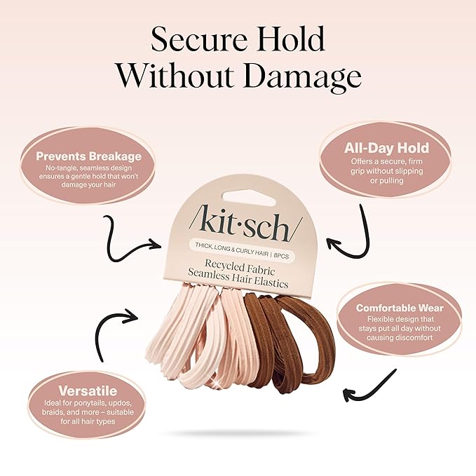 Kitsch Seamless Hair Ties No Damage - Stretchable Hair Bands for Strong All-Day Hold, Ponytail Holders | Hair Accessories for Girls - Rosewood 8 Pcs