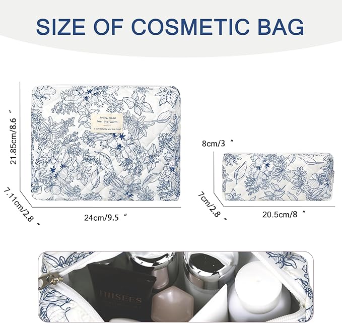 Gosect 2PC Makeup Bag Set, Cute Cosmetic Bag for Women Girls, Floral Coquette Aesthetic Toiletry Bag, Travel Make Up Organizer Bag (Navy Blue)