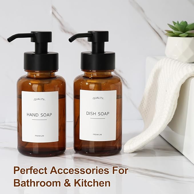 RACOBOT Amber Foam Soap Dispenser, 14.1 oz/400ml Foaming Hand Soap Dispenser, 2 Pack Glass Foaming Dispenser for Bathroom & Kitchen, Refillable Liquid Dispenser Bottle with Waterproof Labels