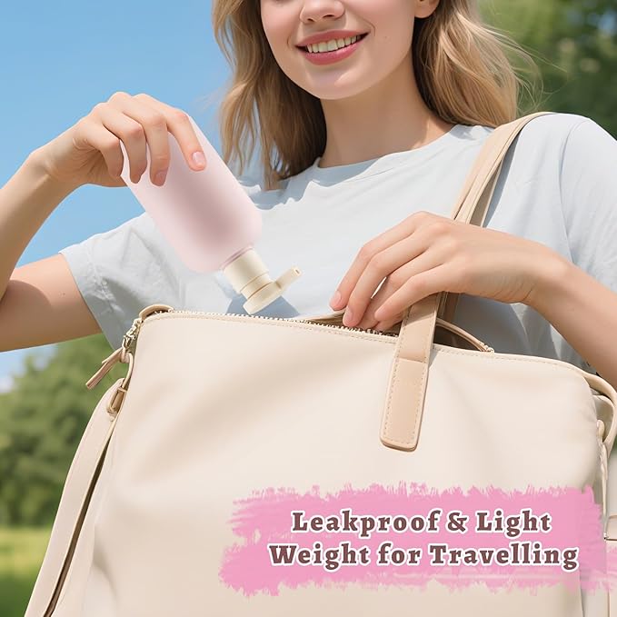 DMuuuDM 6 Pcs 10 oz Soft Plastic Bottles with Press Pump,Empty Refillable Travel Shampoo Dispenser Container for Hand Soap,Shampoo,Lotion,Body Wash,Conditioner,Silicone Funnel Included (Pink)