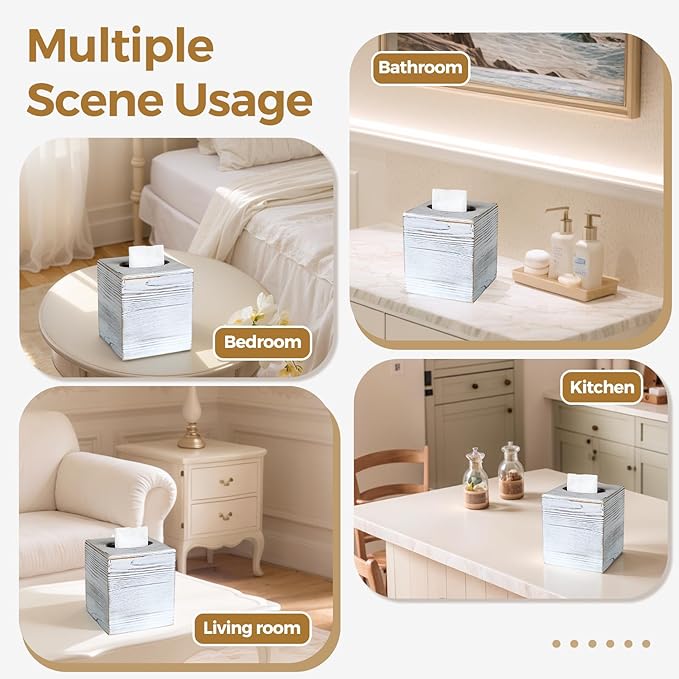 KALEKAIL Wood Tissue Box Cover Square, Rustic White Tissue Box Cover, Decorative Cube Facial Wooden Tissue Box Holder with Slide-Out Bottom for Bathroom, Bedroom, Dinner Table, Office, Kitchen