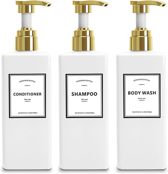White With Gold Pump Shampoo Bottles Set of 3, 500ml Refillable Shower Dispenser, Rectangular Plastic Bottles with Pump, Glass & Metal Free