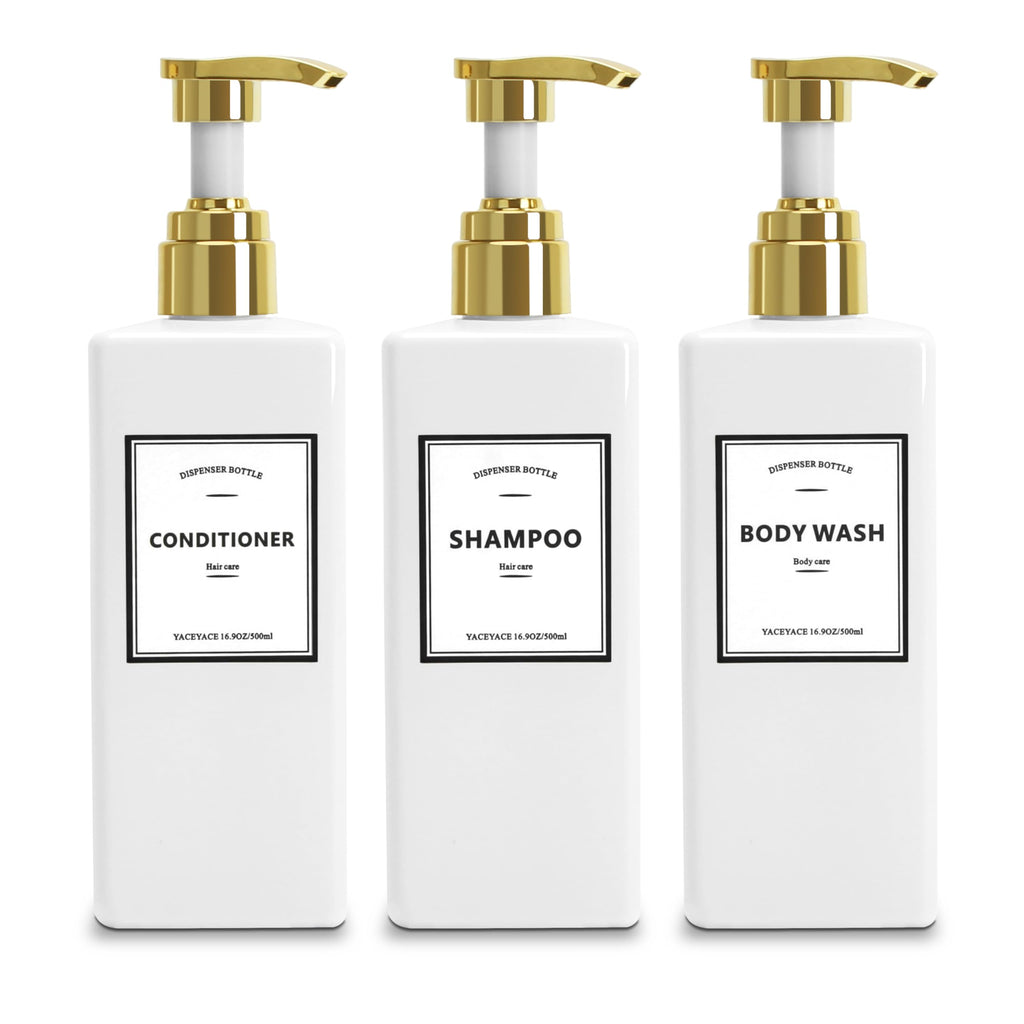 White Shampoo Bottles with Gold Pump, YACEYACE 16.9oz Set of 3 Empty