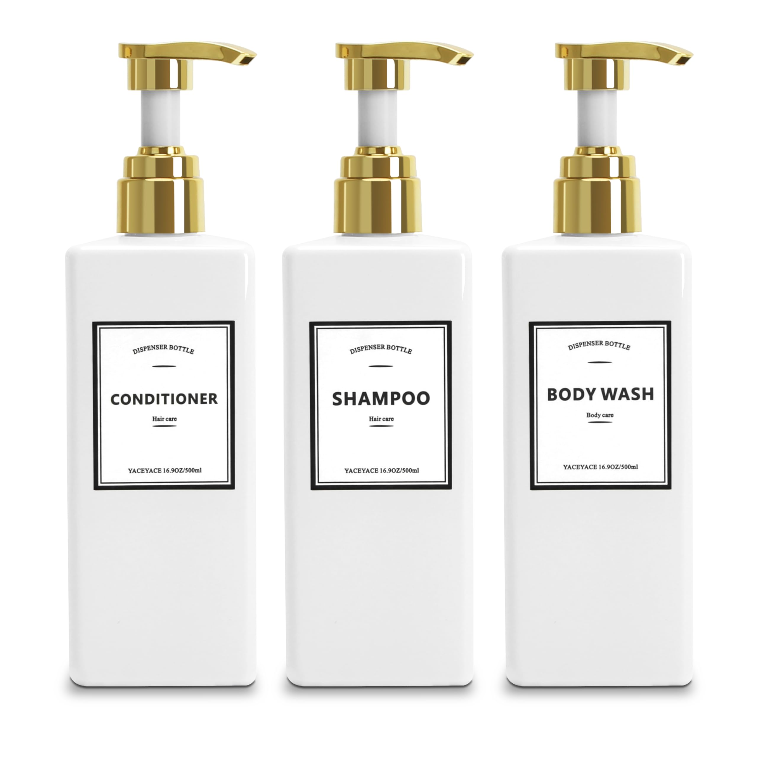 White Shampoo Bottles with Gold Pump, YACEYACE 16.9oz Set of 3 Empty