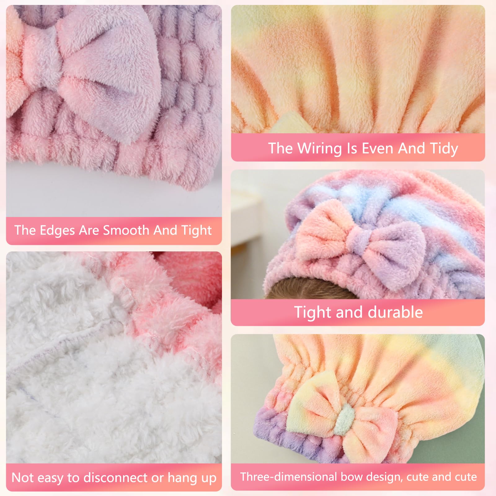 2PCS Super Absorbent Hair Towel Wrap for Wet Hair,Microfiber Hair Drying with Caps Bow Design,2026 New Fast Drying Hair Turban Wrap Towels Shower Cap for Girls and Women (Mix)