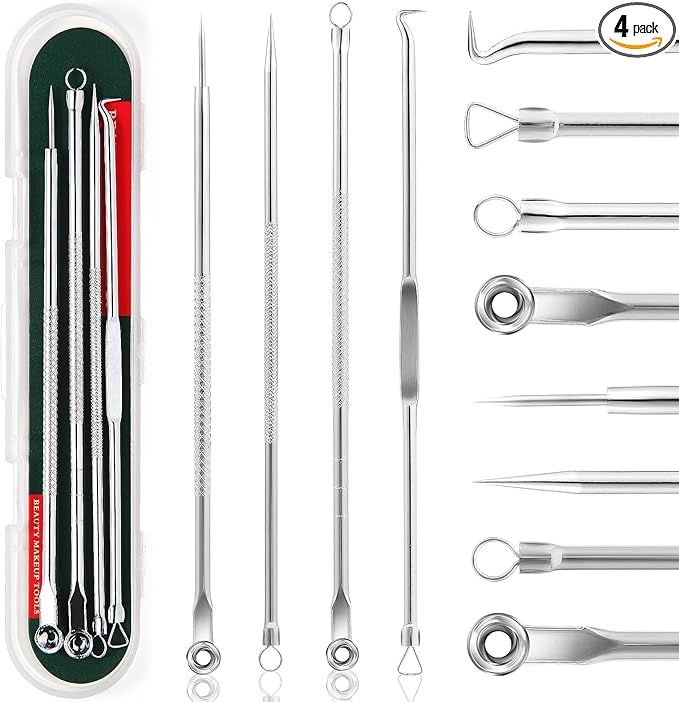 FEITA Blackhead Remover Pimple Popper Tool Kit, Comedone Pimple Extractor Acne Tools for Face Nose, Stainless Acne Needle Zit Popping Removal Facials Tool, Silver 4Pcs