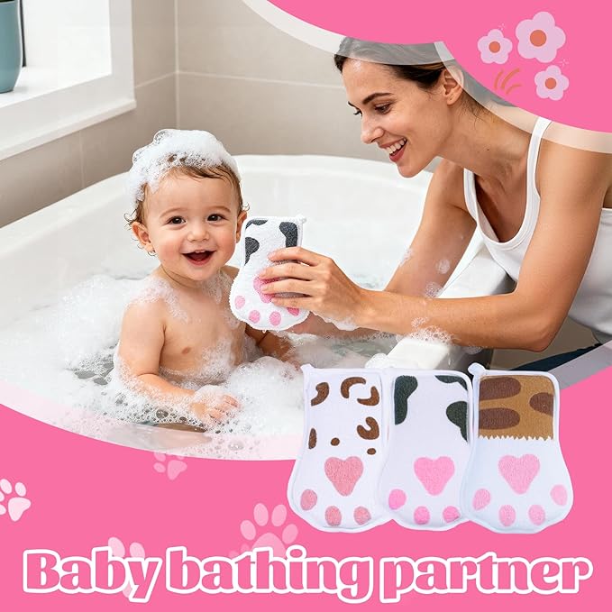 JieLiLeHome Baby and Kids Bath loofah Sponge, Easy Grip Cute Cat Paw Design Kids Body Exfoliating Body Scrubber Loofah Sponge,Bath Sponge Set Designed for Toddler, Women, Boys, and Girls (3 Pack)