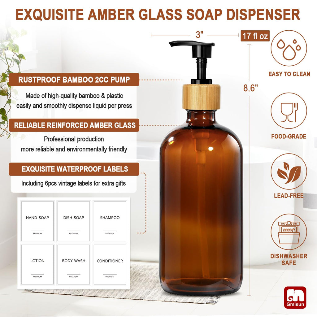 GMISUN Amber Glass Soap Dispenser, 2 Pack Bathroom Hand Soap Dispensers with Bamboo Pump, 17 Fl Oz Kitchen Hand and Dish Soap Dispenser Set, Modern Vintage Liquid Brown Soap Dispensers Bottle