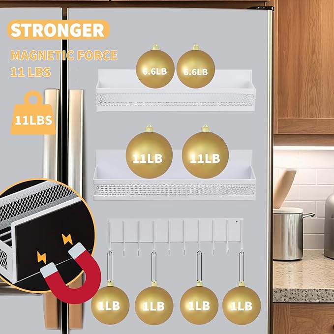 Rixordd 3-Pack Magnetic Spice Rack for Refrigerator, Moveable Shelf with 10 Hooks, Fridge Organizer for Kitchen Storage, White