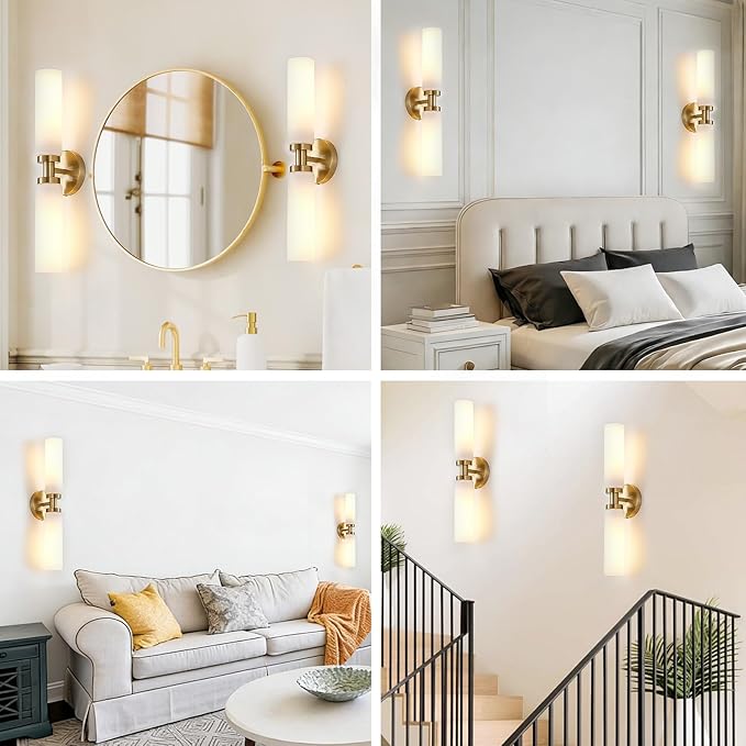 2 Light Brushed Brass Gold Bathroom Light Fixture Over Mirror, Modern Farmhouse Bathroom Vanity Lights with Milky White Frosted Glass Shade, Wall Sconce for Hallway Cabinet Bedroom Porch
