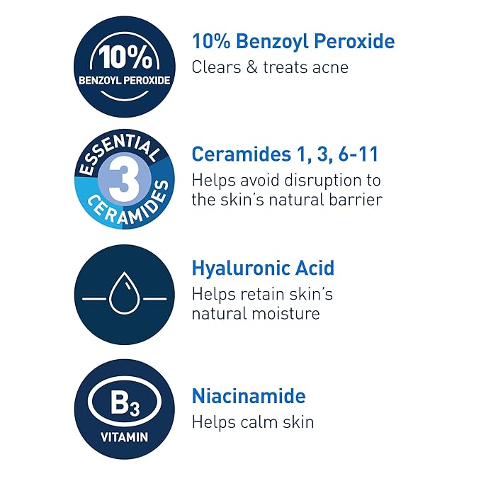 CeraVe Acne Foaming Cream Wash, 10% Benzoyl Peroxide Facial Cleanser, 5oz