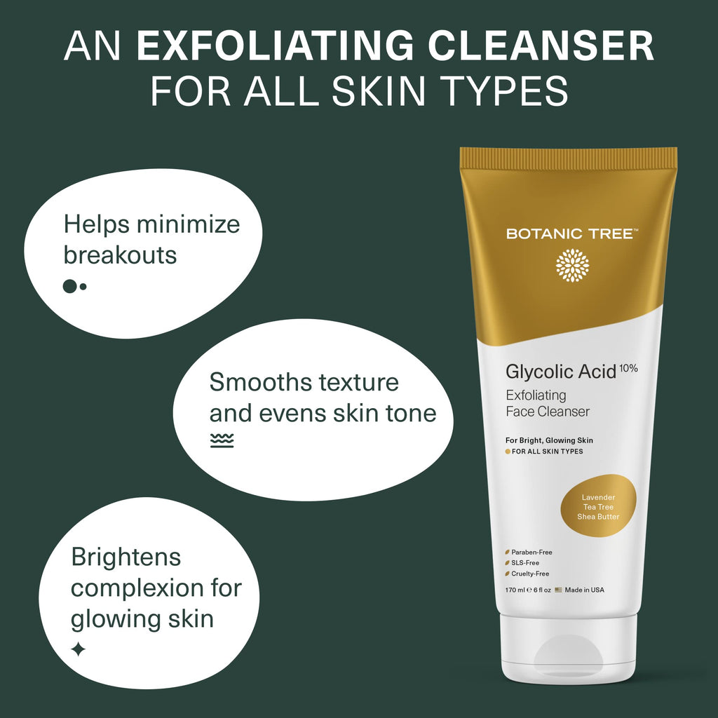 Glycolic Acid Face Wash, Exfoliating Facial Cleanser For Facial Skin Care, Acne Treatment Face Scrub, 10% Glycolic and Salicylic Acid 6 fl. oz - Botanic Tree (Pack of 2 - Buy 1 Get 1 Travel Size)