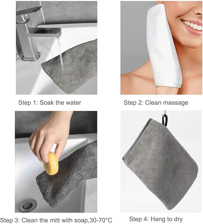 PHOGARY 10Pack Microfiber Wash Mitts, Soft Face Mittens, Reusable Remover, 6×8in, White, Grey