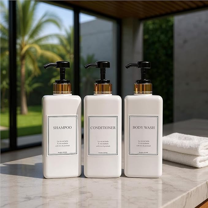 Modern Gold Design Shampoo and Conditioner Dispenser - Large 27oz Shower Soap Dispenser, Set of 3 Refillable Empty Plastic Pump Bottles for Bathroom and Body Wash (6 Waterproof Labels Included), Black