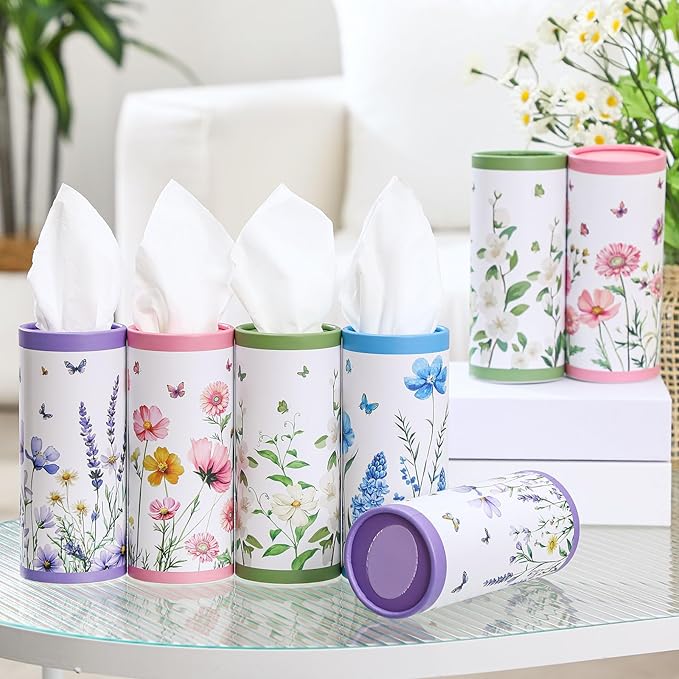 Fourluoo 12 Pack Car Tissue Cylinder Holder Bulk with 3 Ply Facial Tissues, Round Napkin Holders for Car Cup Holder Cylinder Travel Paper Tubes Bulk Round Napkin Boxes Packs(Classic Flower)