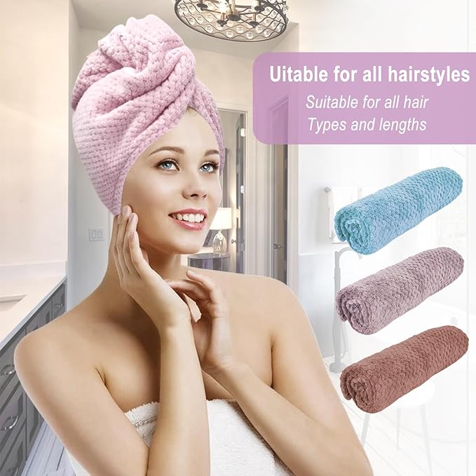 3 Pack Microfiber Hair Towel Wrap for Women, Fast Drying Hair Turban with Button, Anti-Frizz Large Hair Towel for All Hair Styles, Soft & Absorbent Hair Drying Towel (Purple, Bule, Brown)
