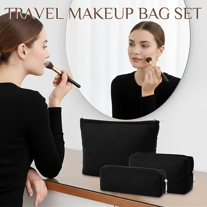 Paterr 3 Pcs Quilted Makeup Bag Set Back to School Favor Small Bridesmaid Cosmetic Bag Aesthetic Travel Pouch Cute Purse Pencil Case Makeup Storage Organizer for Women Birthday Gift(Cotton,Black)